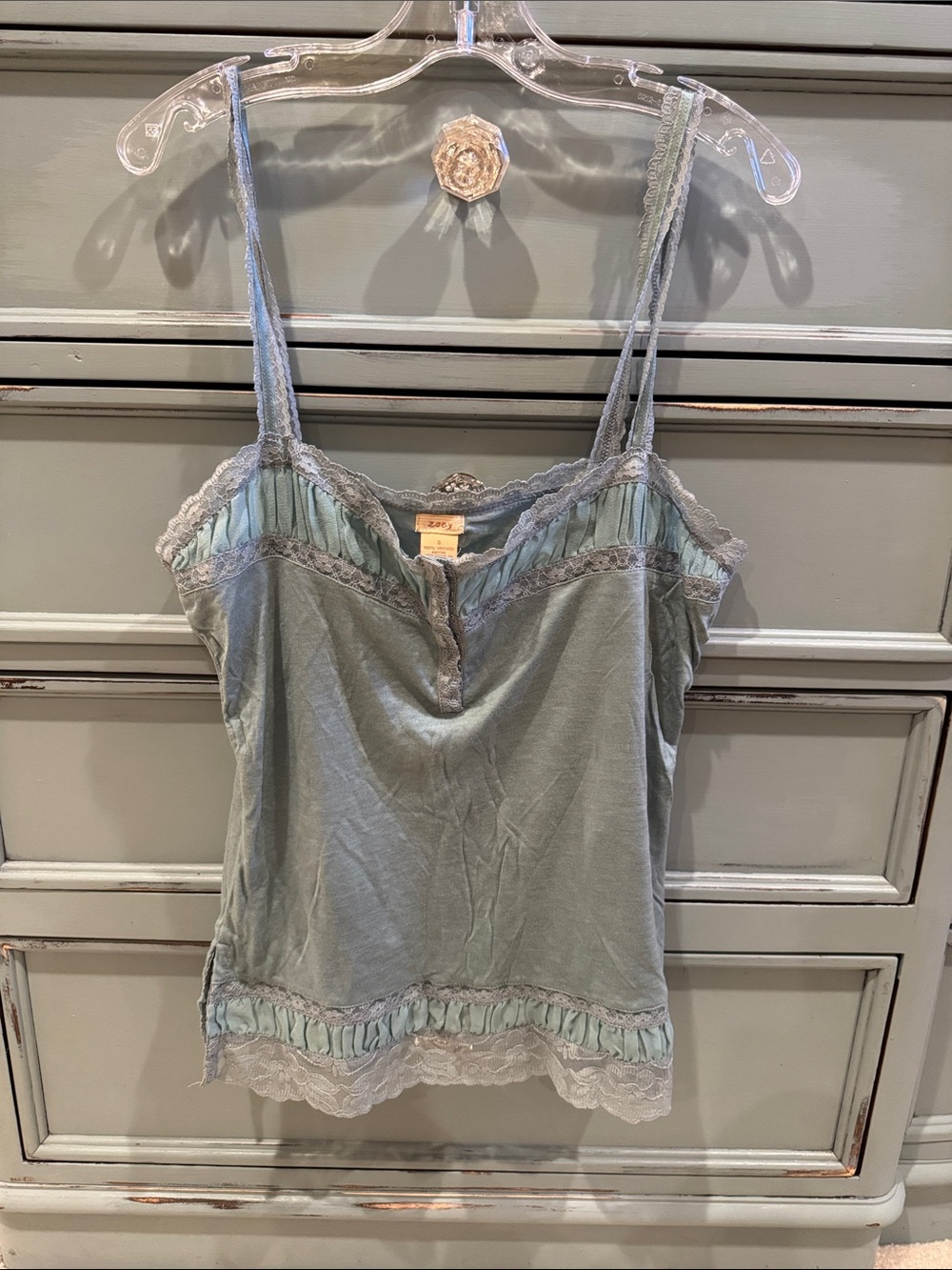 Delicate Lace-Trim Spaghetti Strap Tank Top - Light Green/Blue